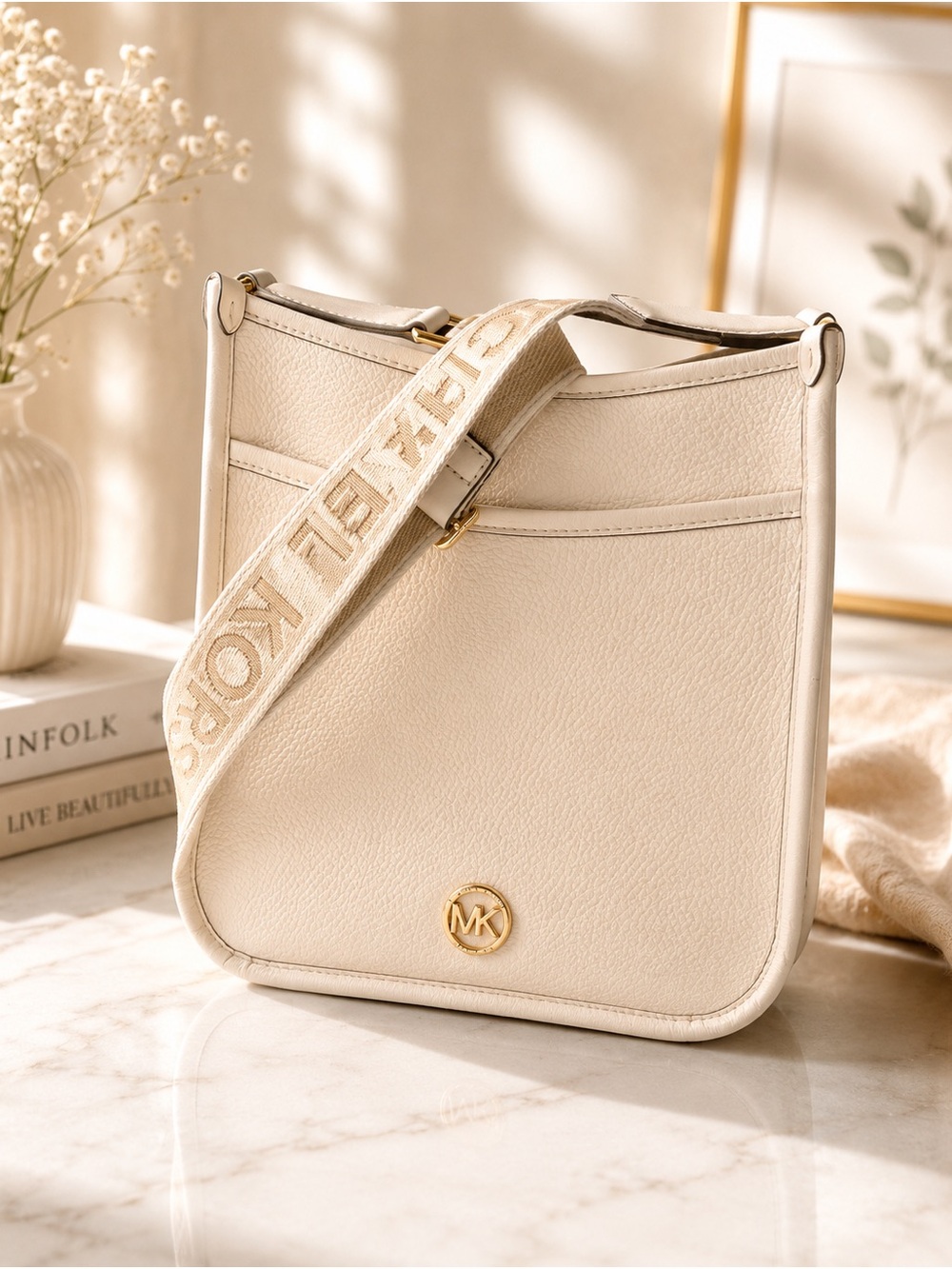 Michael Kors Cream Crossbody Bag with Gold Logo and Branded Strap